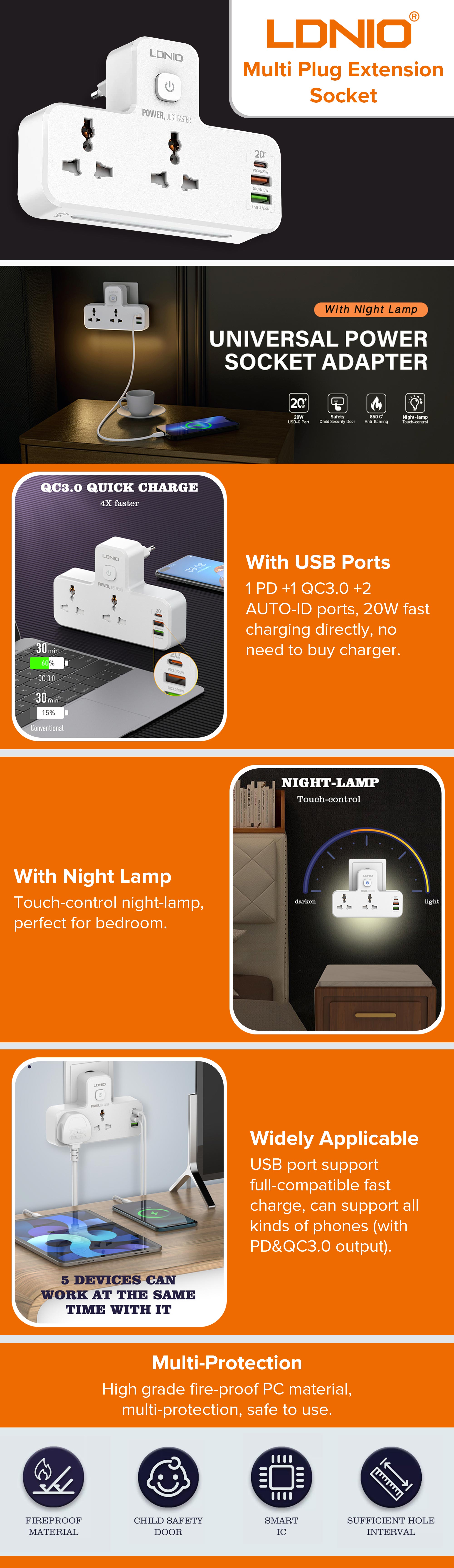 Multi Plug Extension Sockets with 2 USB With PD PORT White 155x105x73mm