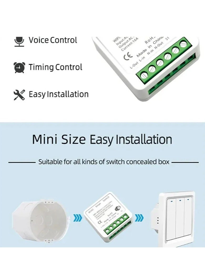 16A Mini WIFI Smart Switch, Voice Control DIY Mini Module Remote Control Switch, App Control Two Way Wireless Smart Home Plug Compatible With Alexa Google Home