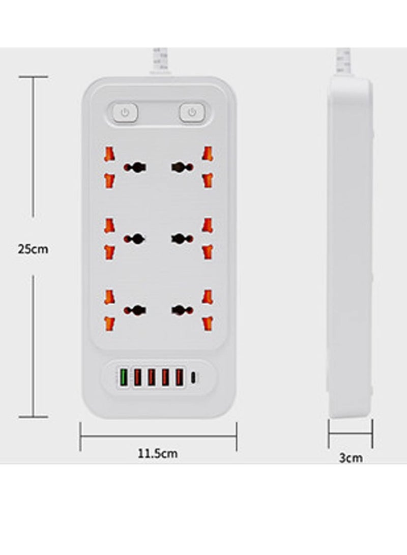 Extension Power Strip Surge Protector with USB + Type C- Extension Cord Flat Plug with Widely 6 AC Outlet and 5 USB 1 Type C, Small Desktop Station with 6 ft Power Cord