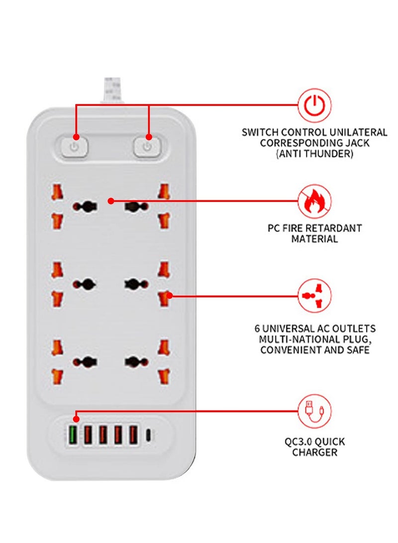 Extension Power Strip Surge Protector with USB + Type C- Extension Cord Flat Plug with Widely 6 AC Outlet and 5 USB 1 Type C, Small Desktop Station with 6 ft Power Cord