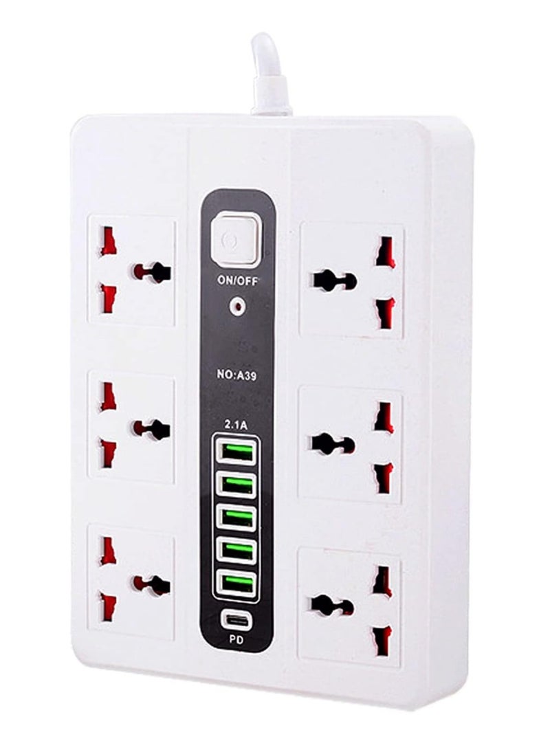 Power Strip Surge Protector with USB- Extension Cord Flat Plug with Widely 6 AC Outlet and 5 USB + 1 Type C, Small Desktop Station with 6 ft Power Cord, Compact Socket (GK-A39-WHT)