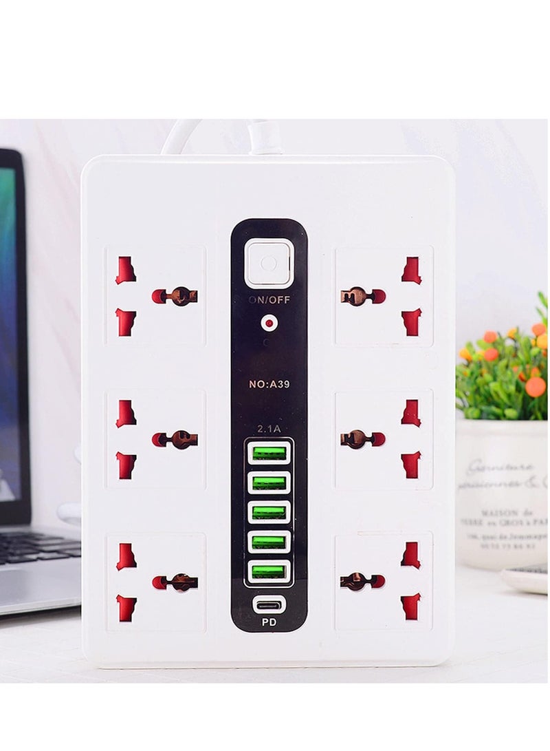 Power Strip Surge Protector with USB- Extension Cord Flat Plug with Widely 6 AC Outlet and 5 USB + 1 Type C, Small Desktop Station with 6 ft Power Cord, Compact Socket (GK-A39-WHT)