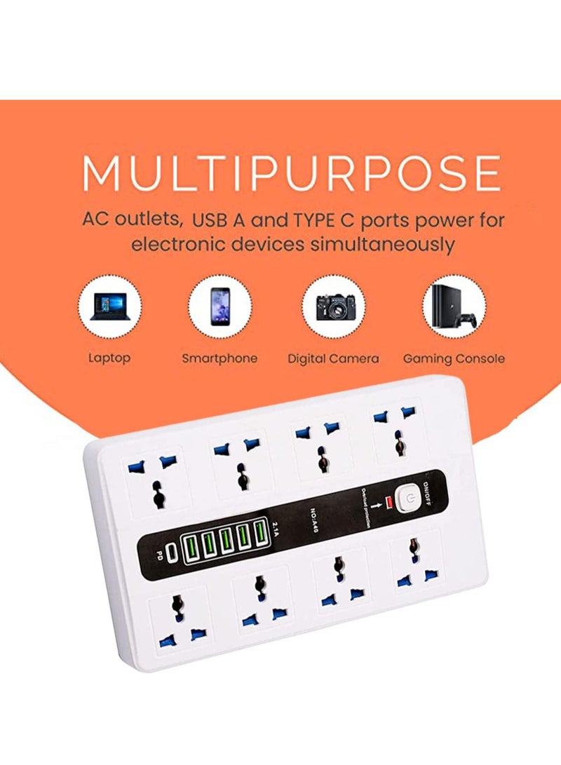 Power Strip Power Extension with USB- Extension Cord Flat Plug with Widely 8 AC Outlet and 5USB+1Type C, Small Desktop Station with 6 ft Power Cord, Compact Socket (GK-A40-WHT)