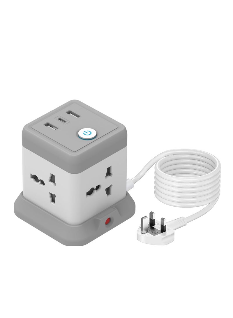 Power Strip Surge Protector with USB + Type C, Extension Cord Flat Plug with Widely 4 AC Outlet and 2 USB 1 Type C, Small Desktop Station, Compact Socket for Multi Places - Grey and White.