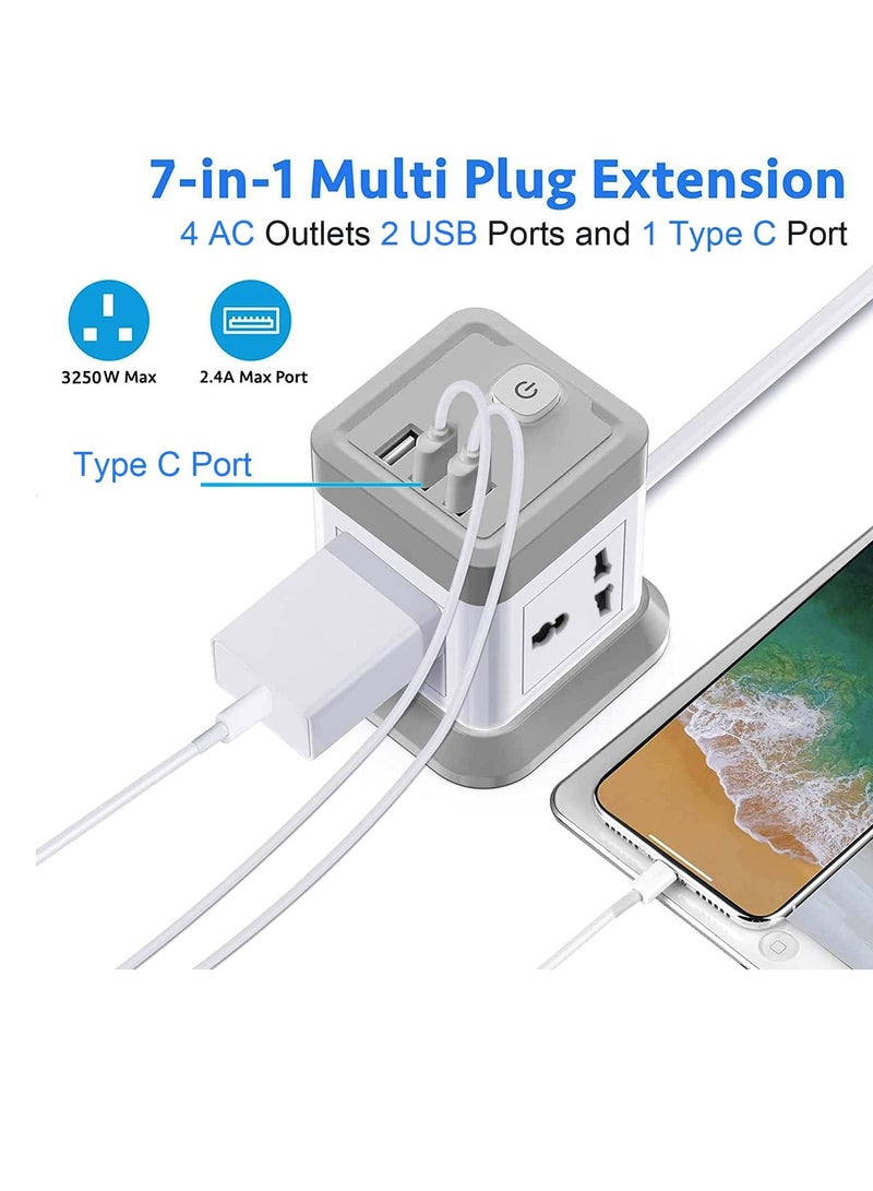 Power Strip Surge Protector with USB + Type C, Extension Cord Flat Plug with Widely 4 AC Outlet and 2 USB 1 Type C, Small Desktop Station, Compact Socket for Multi Places - Grey and White.