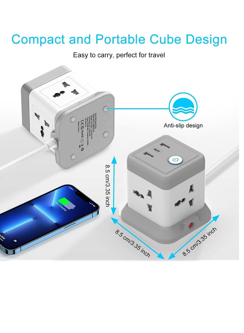 Power Strip Surge Protector with USB + Type C, Extension Cord Flat Plug with Widely 4 AC Outlet and 2 USB 1 Type C, Small Desktop Station, Compact Socket for Multi Places - Grey and White.