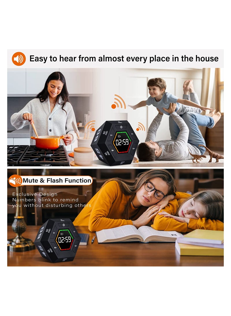 SYOSI Hexagon Flip Timer, Smart Countdown Visual Timer for Kids, Magnetic Productivity Timer Tools, for Kids and Adults, Large Display Digital Kitchen Timer for Cooking (Black)