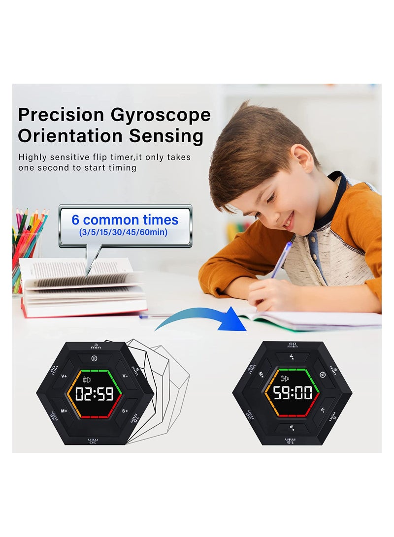 SYOSI Hexagon Flip Timer, Smart Countdown Visual Timer for Kids, Magnetic Productivity Timer Tools, for Kids and Adults, Large Display Digital Kitchen Timer for Cooking (Black)