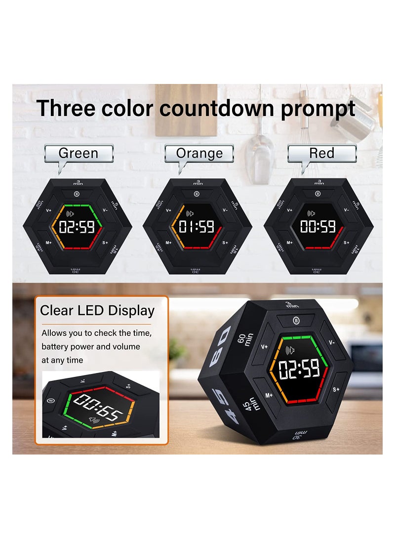 SYOSI Hexagon Flip Timer, Smart Countdown Visual Timer for Kids, Magnetic Productivity Timer Tools, for Kids and Adults, Large Display Digital Kitchen Timer for Cooking (Black)