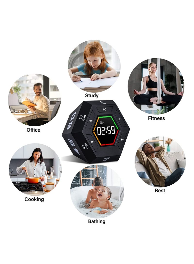 SYOSI Hexagon Flip Timer, Smart Countdown Visual Timer for Kids, Magnetic Productivity Timer Tools, for Kids and Adults, Large Display Digital Kitchen Timer for Cooking (Black)