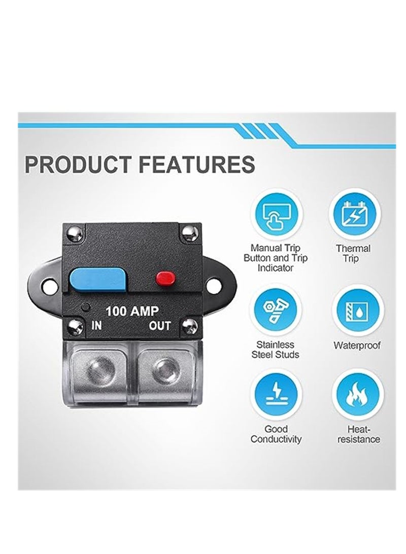 100 Amp Circuit Breaker, Resettable Circuit Breaker Manual Reset Switch Button for RVs Trolling Boat Marine Truck Vehicles Stereo Audio Electronic Battery Solar System, 12V-48VDC