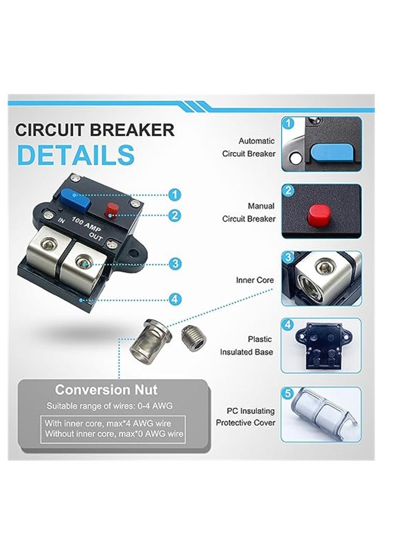 100 Amp Circuit Breaker, Resettable Circuit Breaker Manual Reset Switch Button for RVs Trolling Boat Marine Truck Vehicles Stereo Audio Electronic Battery Solar System, 12V-48VDC