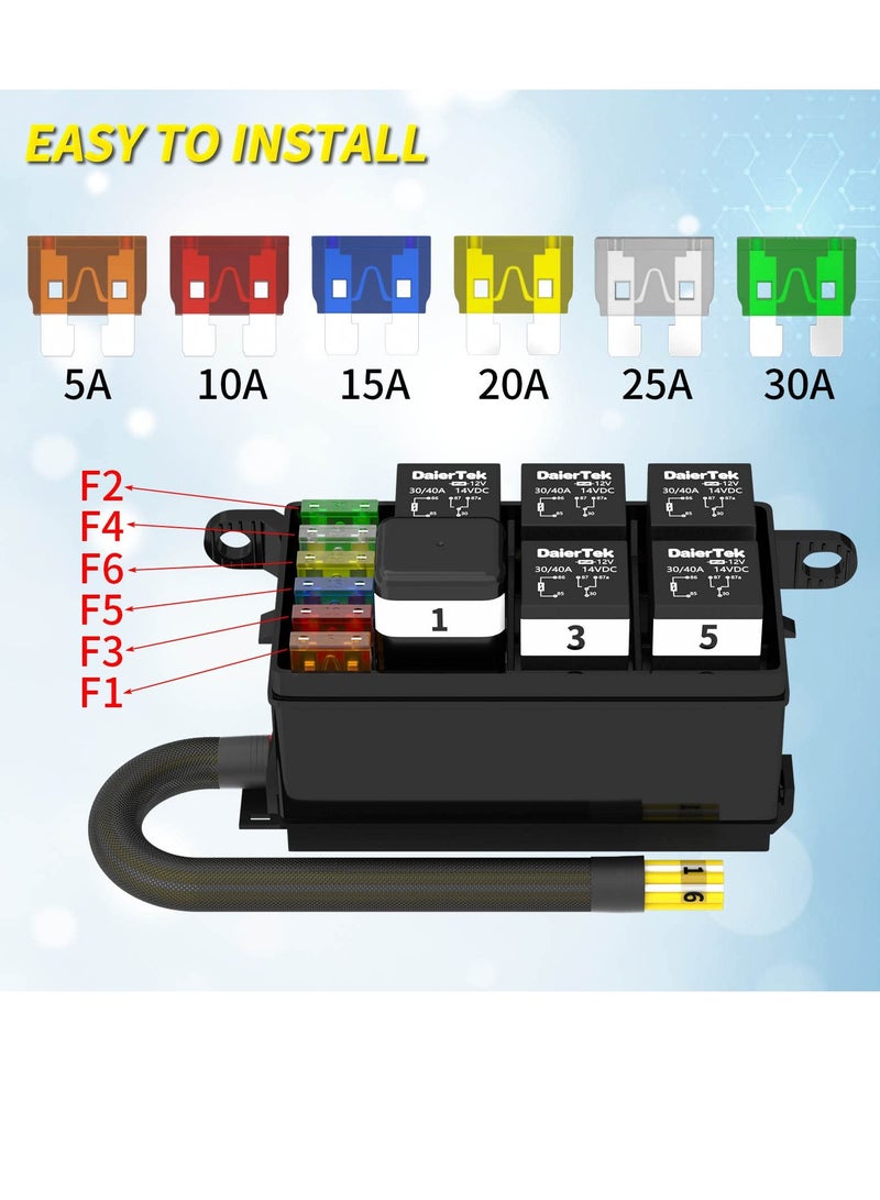 12V Fuse and Relay Box 6 Slots Universal Waterproof Relay Box with Pre Wired Automotive Universal Fuse Block ATC or ATO Blade Fuses and 40A Relay for Automotive Car Truck Marine Boat