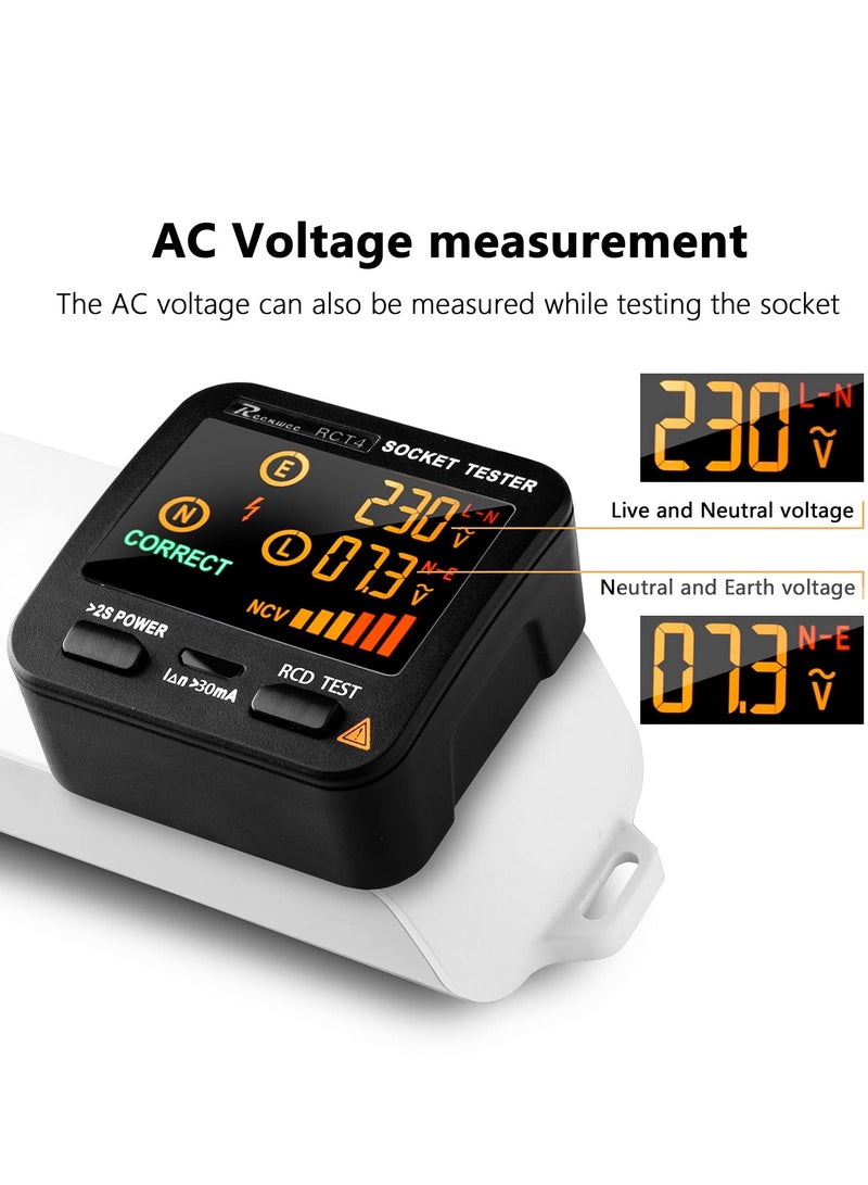 Outlet Tester, LCD with Voltage Display, RCD Socket Tester Circuit Analyzer, Standard 0.1-250V Outlets 8 Visual Indications, Polarity Detector Leakage Tester Electricity Line Fault Checker