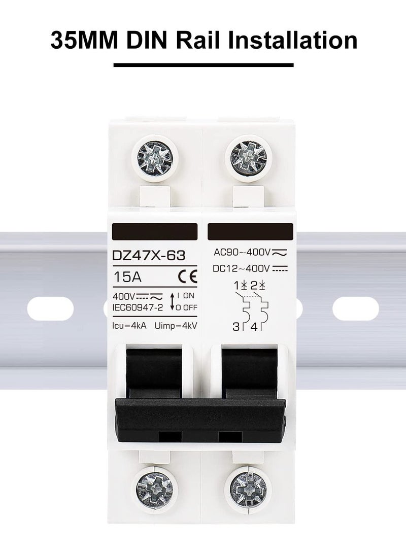 Miniature Circuit Breaker 15 Amp DC Solar Disconnect Switch, 12-400V, DIN Rail Mount, AC DC Universal Circuit Breaker