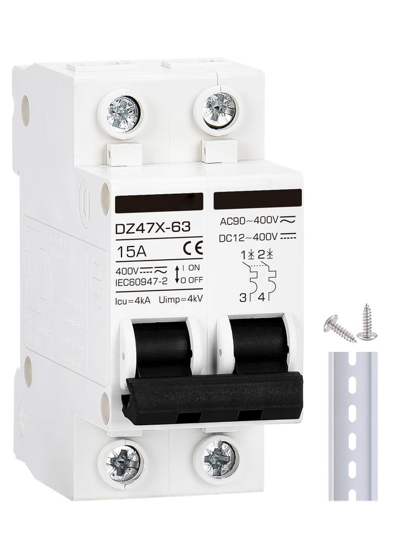 Miniature Circuit Breaker 15 Amp DC Solar Disconnect Switch, 12-400V, DIN Rail Mount, AC DC Universal Circuit Breaker