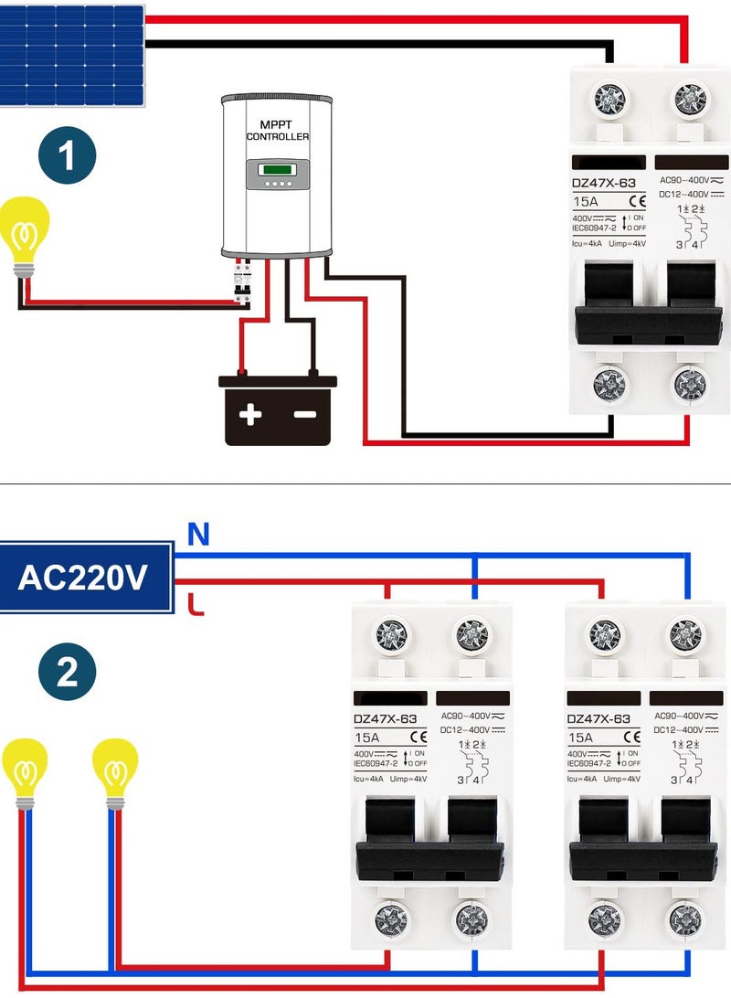 Miniature Circuit Breaker 15 Amp DC Solar Disconnect Switch, 12-400V, DIN Rail Mount, AC DC Universal Circuit Breaker