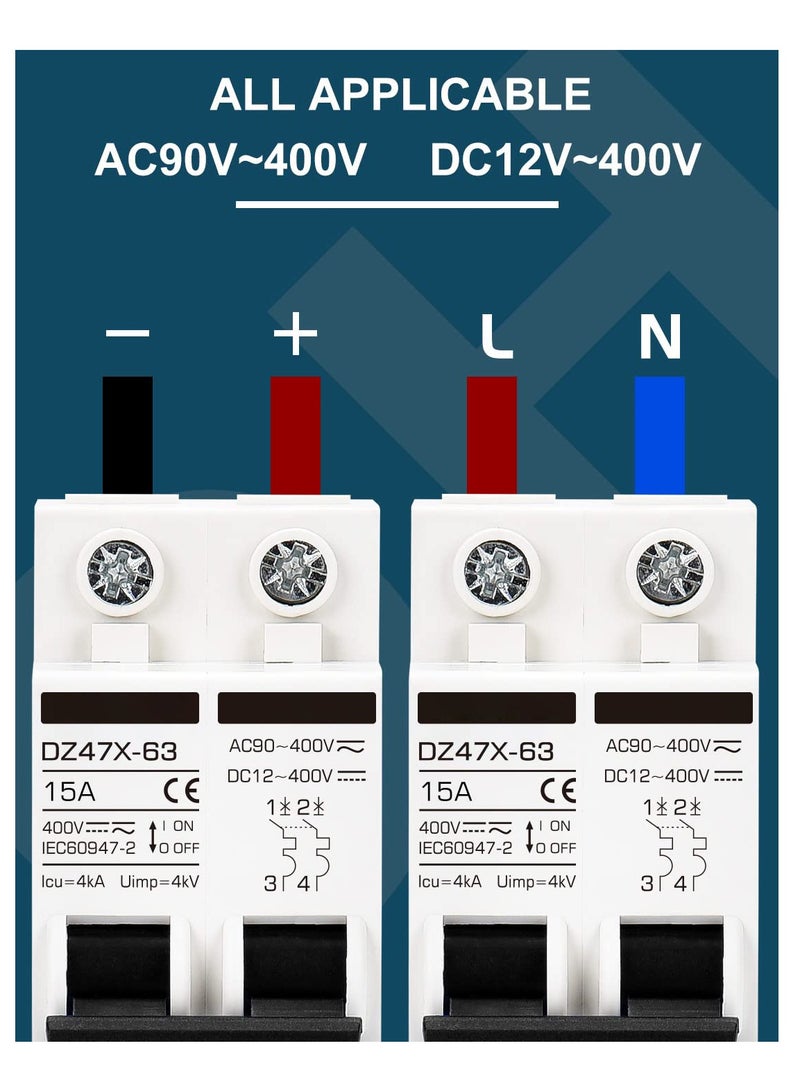 Miniature Circuit Breaker 15 Amp DC Solar Disconnect Switch, 12-400V, DIN Rail Mount, AC DC Universal Circuit Breaker