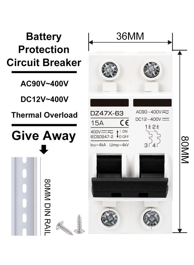 Miniature Circuit Breaker 15 Amp DC Solar Disconnect Switch, 12-400V, DIN Rail Mount, AC DC Universal Circuit Breaker