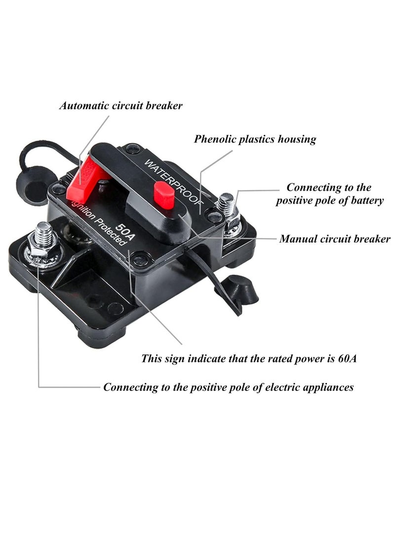 50 Amp Circuit Breaker DC 12V-48V/50A Circuit Breaker Waterproof Inline Fuse Inverter with Manual Reset Switcher for Boat Trolling Motor/Marine ATV/Vehicles Stereo Audio/Battery/Solar System