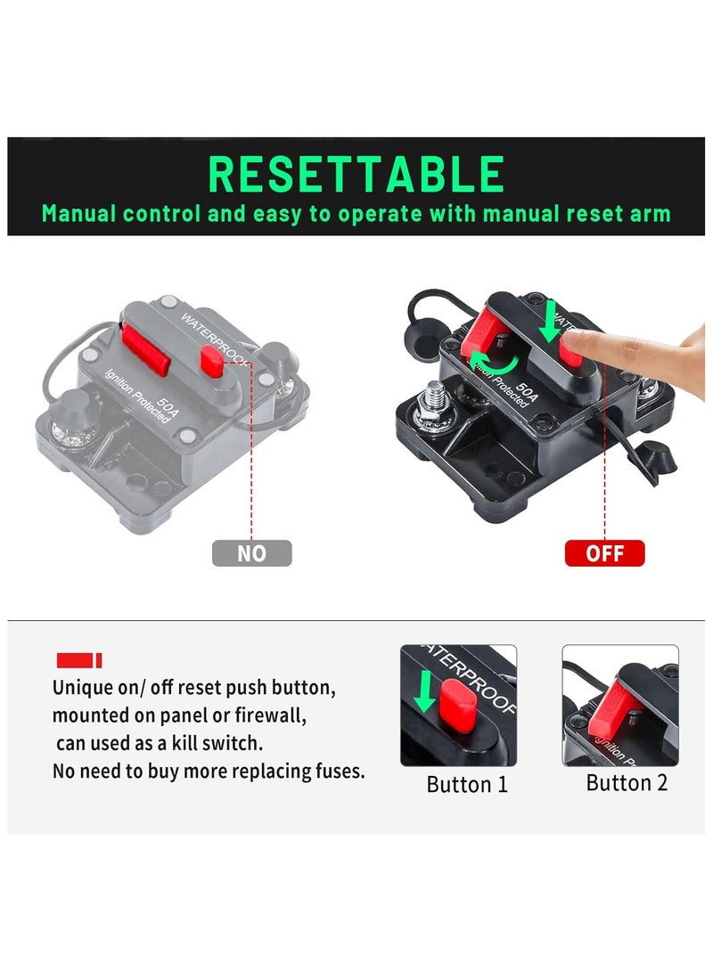 50 Amp Circuit Breaker DC 12V-48V/50A Circuit Breaker Waterproof Inline Fuse Inverter with Manual Reset Switcher for Boat Trolling Motor/Marine ATV/Vehicles Stereo Audio/Battery/Solar System