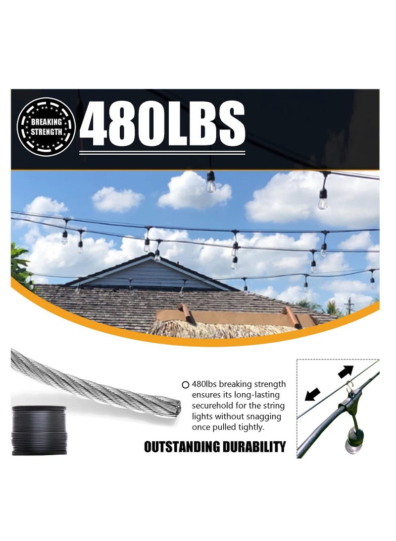 String Light Hanging Kit with 164 Ft Nylon Coated 304 Stainless Steel Wire Rope Suspension Guide Turnbuckles and Hooks for Patio Backyard Lighting Accessories