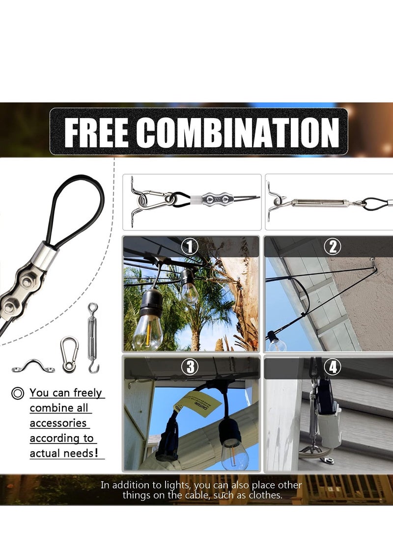 String Light Hanging Kit with 164 Ft Nylon Coated 304 Stainless Steel Wire Rope Suspension Guide Turnbuckles and Hooks for Patio Backyard Lighting Accessories