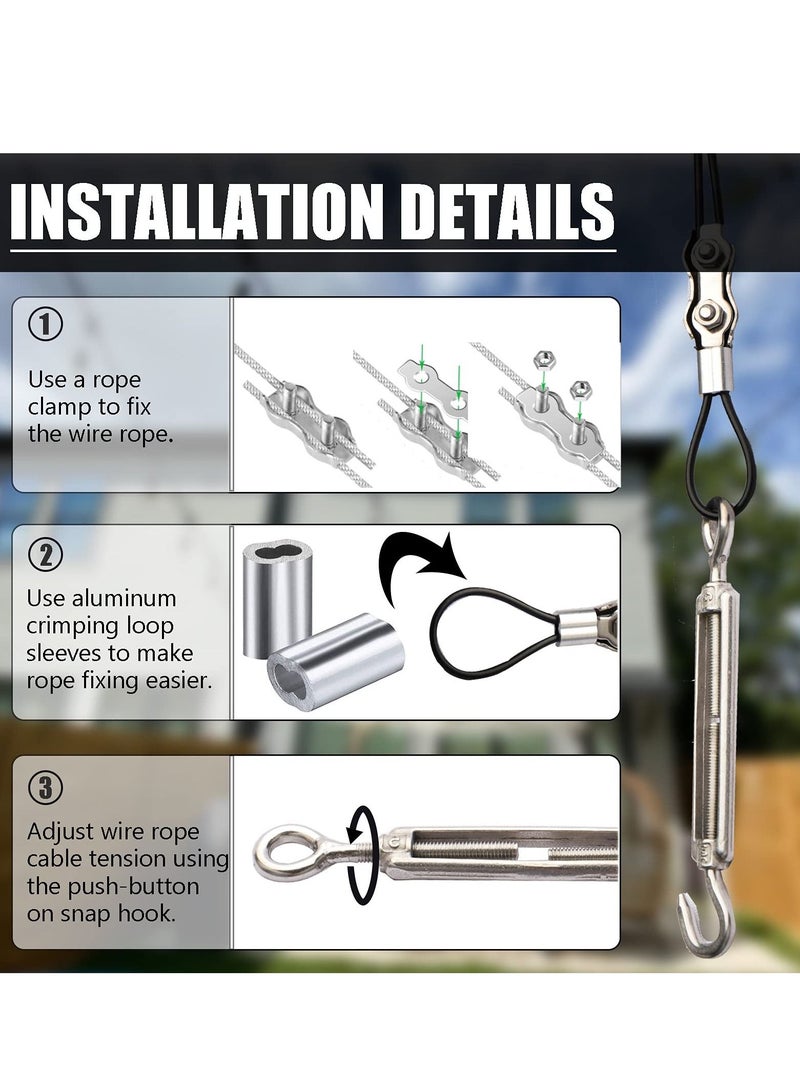 String Light Hanging Kit with 164 Ft Nylon Coated 304 Stainless Steel Wire Rope Suspension Guide Turnbuckles and Hooks for Patio Backyard Lighting Accessories