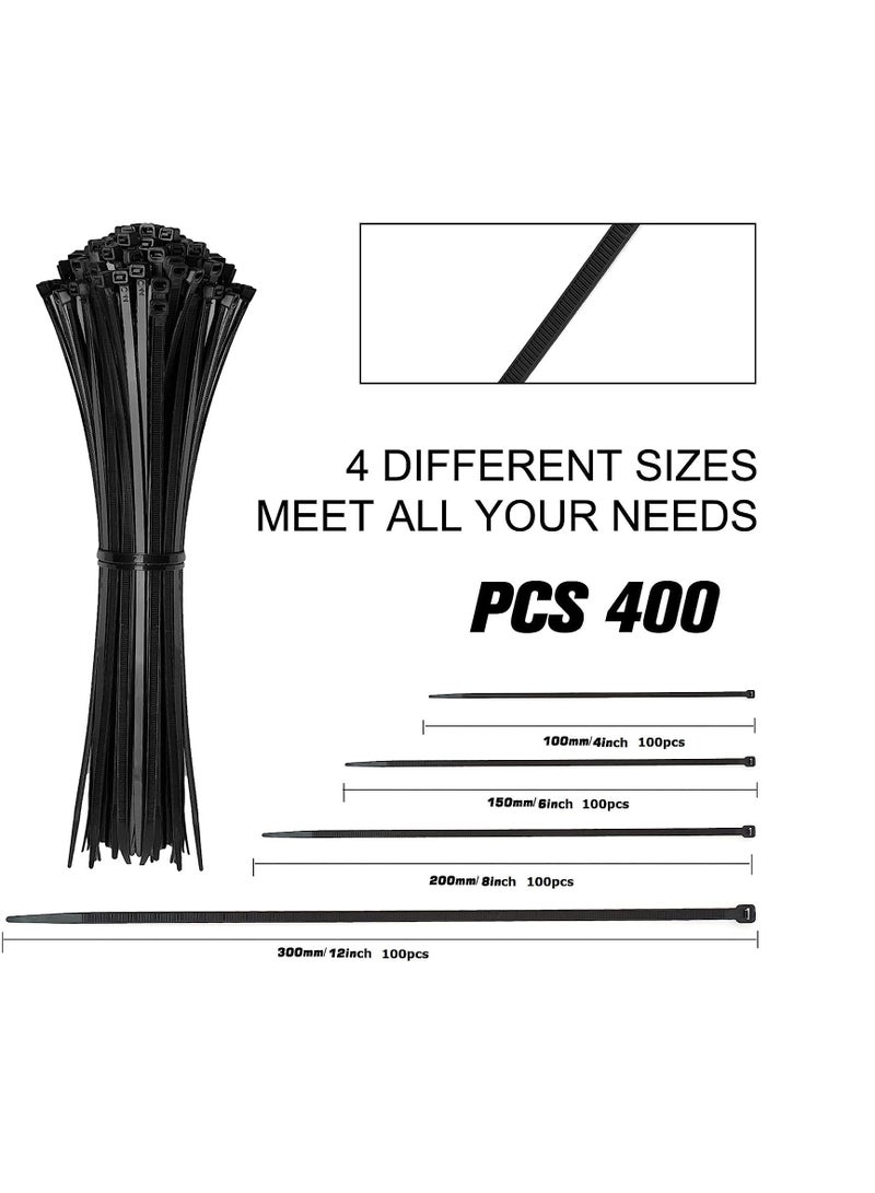 Cable Zip Ties,400 Pack Black Assorted Sizes 12+8+6+4 Inch,Multi-Purpose Self-Locking Nylon Cable Cord Management ,Plastic Wire Ties for Home,Office,Garden,Workshop.