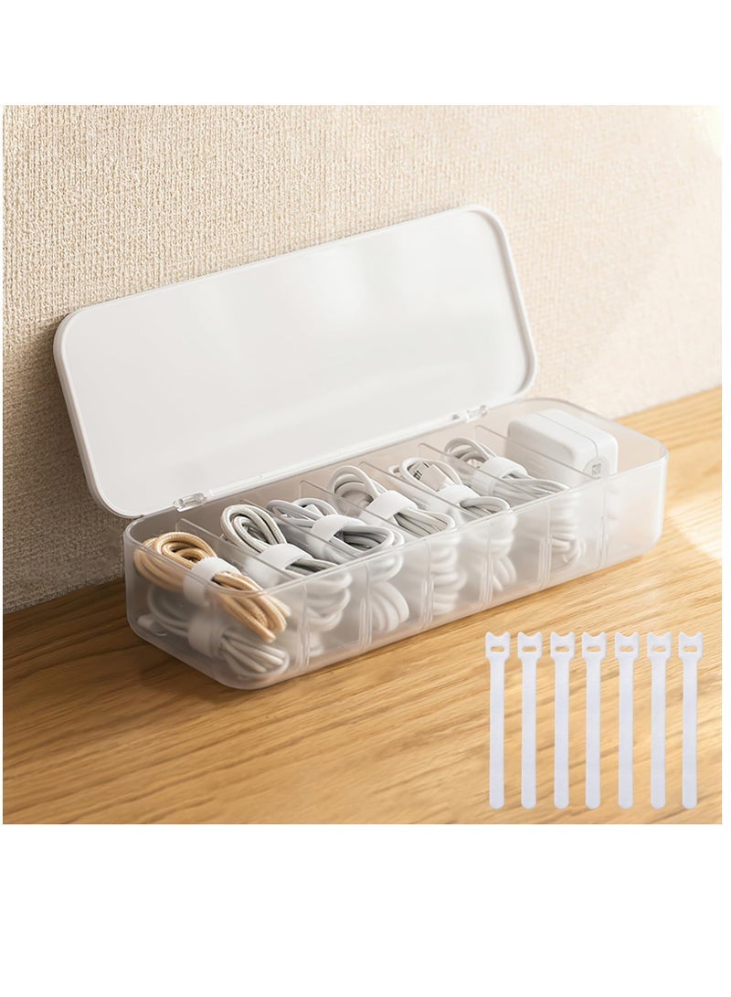 Organizer Storage Box with 7 Wire Ties, Desktop Cable Management Box with Lid, Power Cord Organizer with 7 Compartments for Office, Home, Desk Accessories Storage Stationery Supplies White