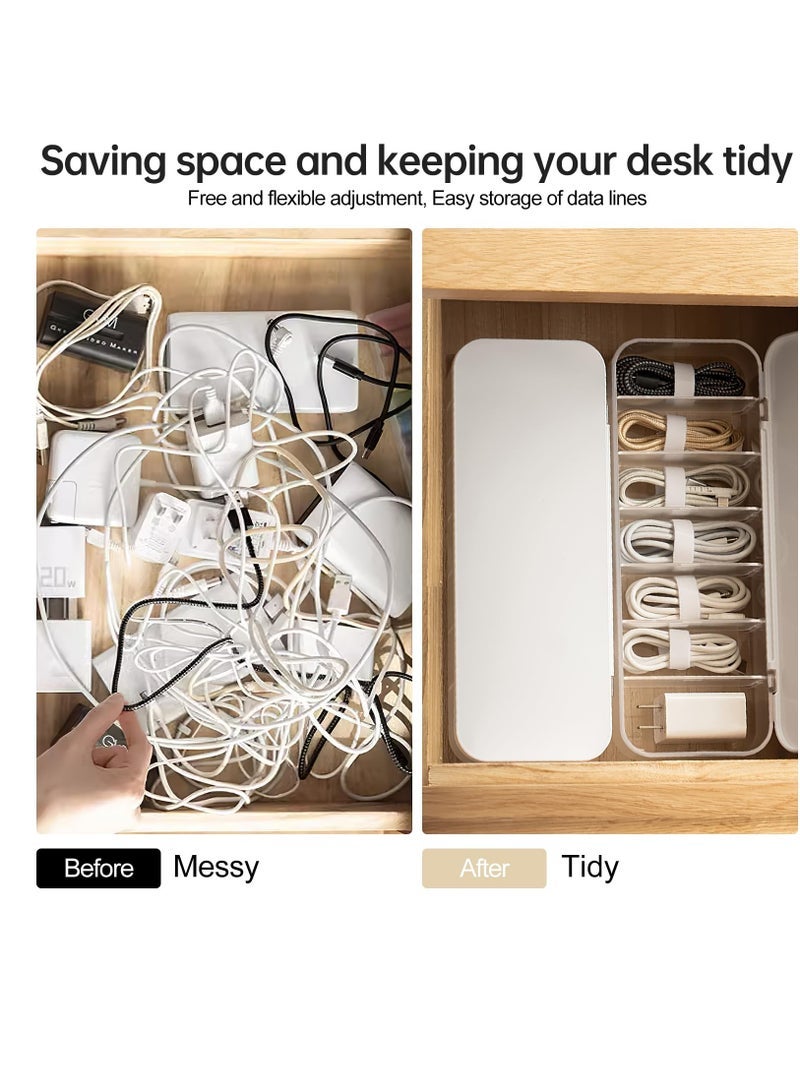 Organizer Storage Box with 7 Wire Ties, Desktop Cable Management Box with Lid, Power Cord Organizer with 7 Compartments for Office, Home, Desk Accessories Storage Stationery Supplies White