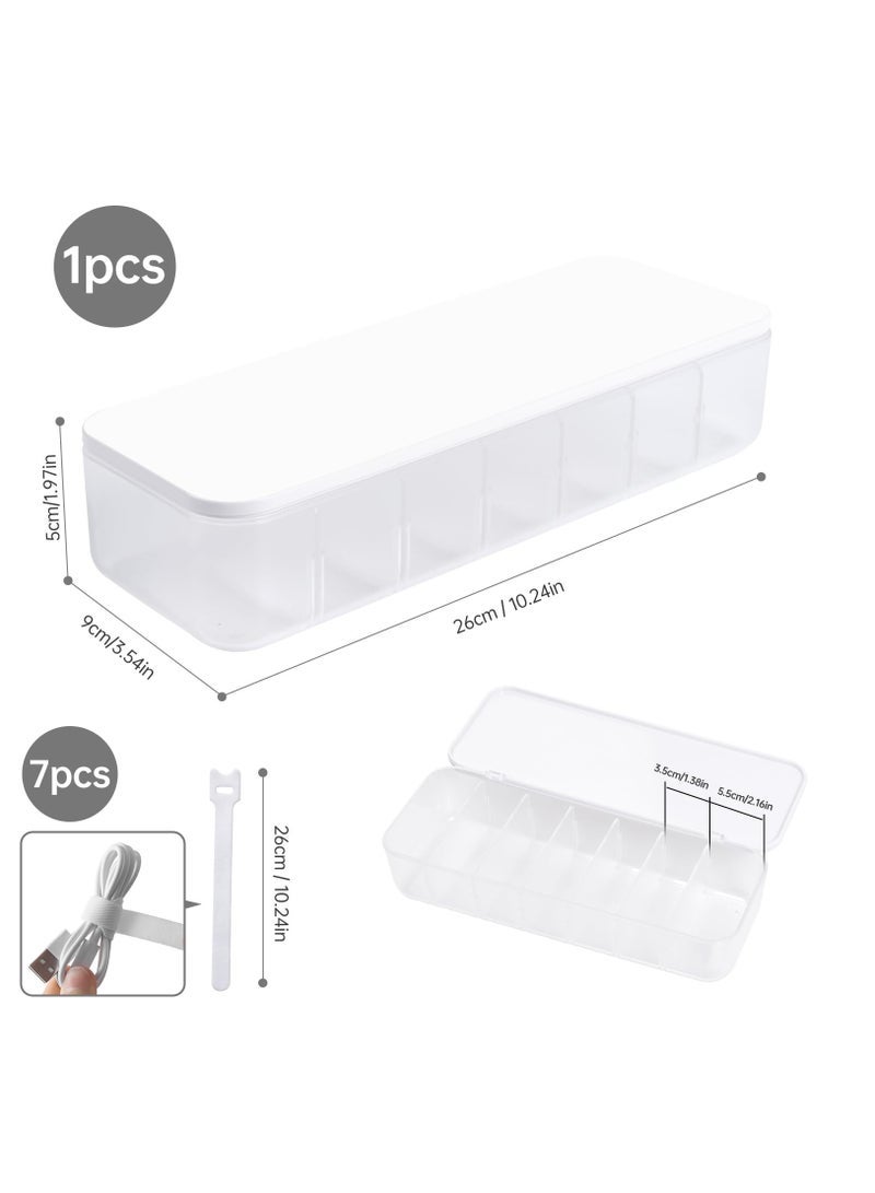 Organizer Storage Box with 7 Wire Ties, Desktop Cable Management Box with Lid, Power Cord Organizer with 7 Compartments for Office, Home, Desk Accessories Storage Stationery Supplies White