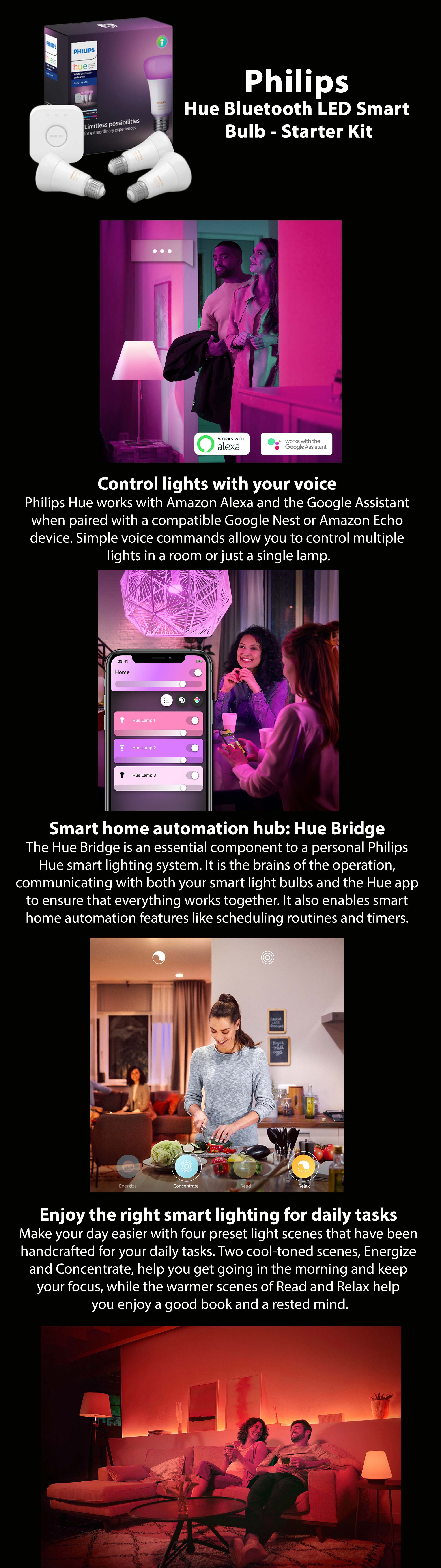 Hue Uae White And Colour Ambiance Led Smart Bulb - Starter Kit 3 Bulbs And Bridge Bluetooth And Zigbee Compatible Works With Apple Homekit Siri Alexa Google Assistant And Many More White & Colour Ambiance
