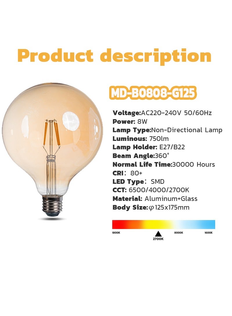 LED Bulb Edison Vintage 8W Warm White 175X125 millimeter 5 pcs