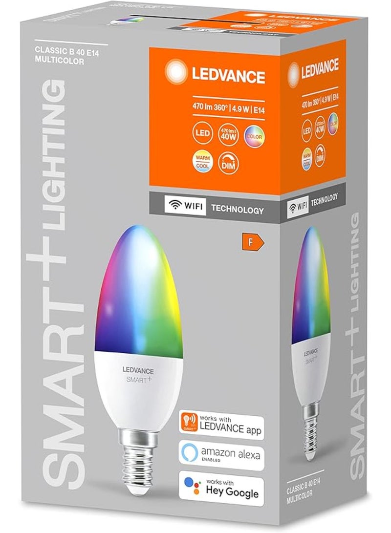 LEDVANCE Smart LEDLamp with WiFi Technology, Base: E14, Di mmable, Tunable White (2700-6500K), RGB Colors Changeable, Replaces Incandescent Lamps with 40 W, SMART+ WiFi Candle Multicolour, 1-Pack