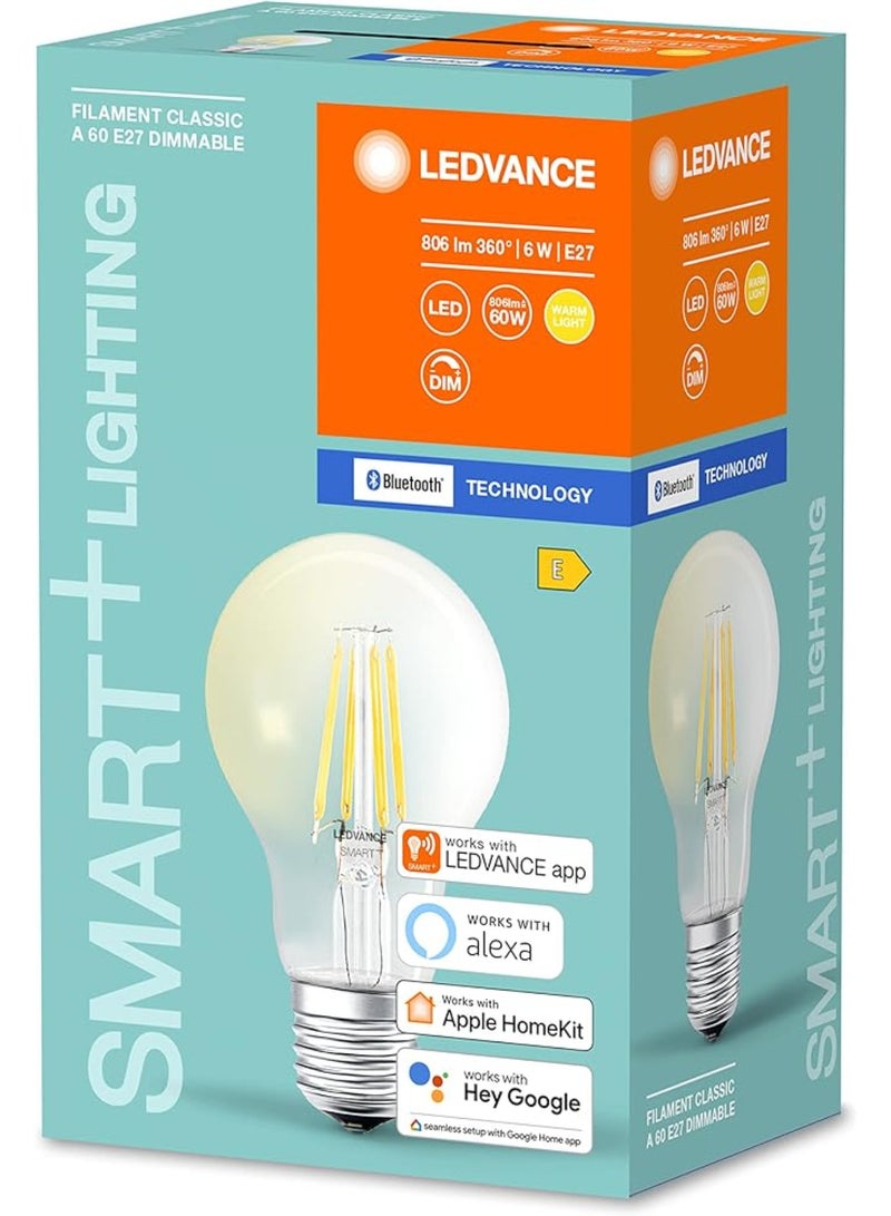 LEDVANCE Smart Led Lamp With Bluetooth E27 Filament Dimmable Replaces Incandescent Lamps With 50 W Warm White (2700 k) Controllable With Google Alexa And Apple Voice Control
