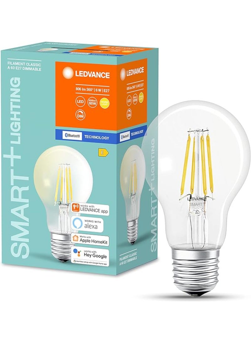 LEDVANCE Smart Led Lamp With Bluetooth E27 Filament Dimmable Replaces Incandescent Lamps With 50 W Warm White (2700 k) Controllable With Google Alexa And Apple Voice Control