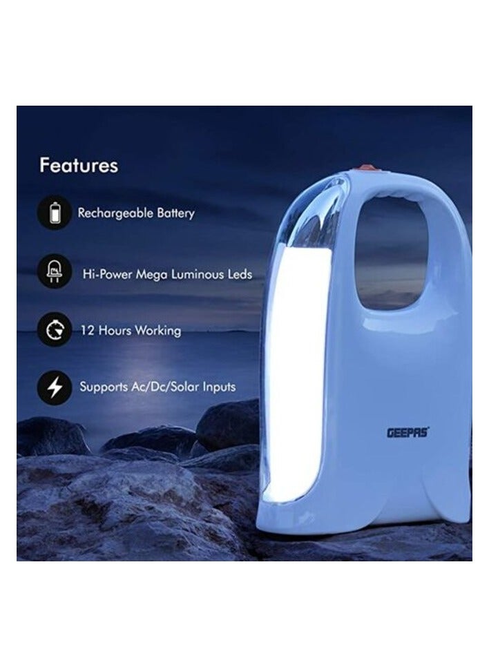 Geepas Rechargeable Led Lantern - Emergency Lantern With Portable Handle - 40 Mega Luminous Hi-Power Leds, 12 Hours Working - Ac/Dc/Solar Inputs - Very Suitable For Power Outages - 2 Year Warranty