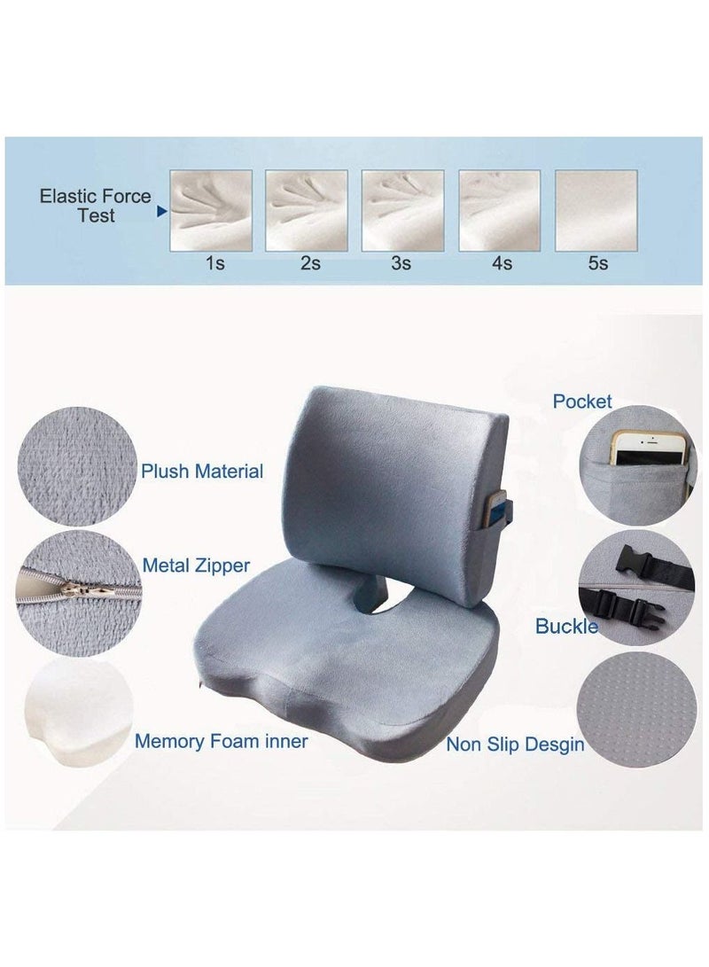 2-Piece Multipurpose Memory Foam Seat Cushion and Lumbar Support Pillow Set Grey