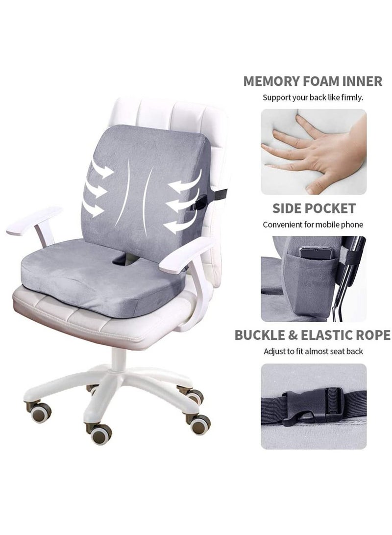 2-Piece Multipurpose Memory Foam Seat Cushion and Lumbar Support Pillow Set Grey