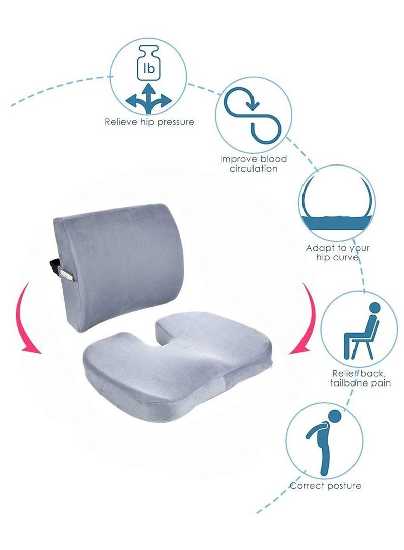 2-Piece Multipurpose Memory Foam Seat Cushion and Lumbar Support Pillow Set Grey