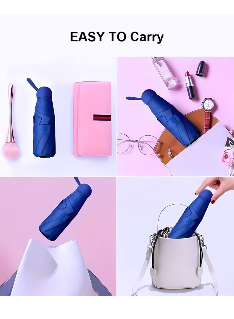 Portable UV Protection Umbrella - windproof, small - compact, lightweight, sturdy, mini, folding and portable for men and women, 5-foldlightweightseries-6bones+capsules (Navy Blue)