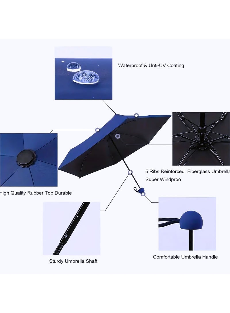 Portable UV Protection Umbrella - windproof, small - compact, lightweight, sturdy, mini, folding and portable for men and women, 5-foldlightweightseries-6bones+capsules (Navy Blue)