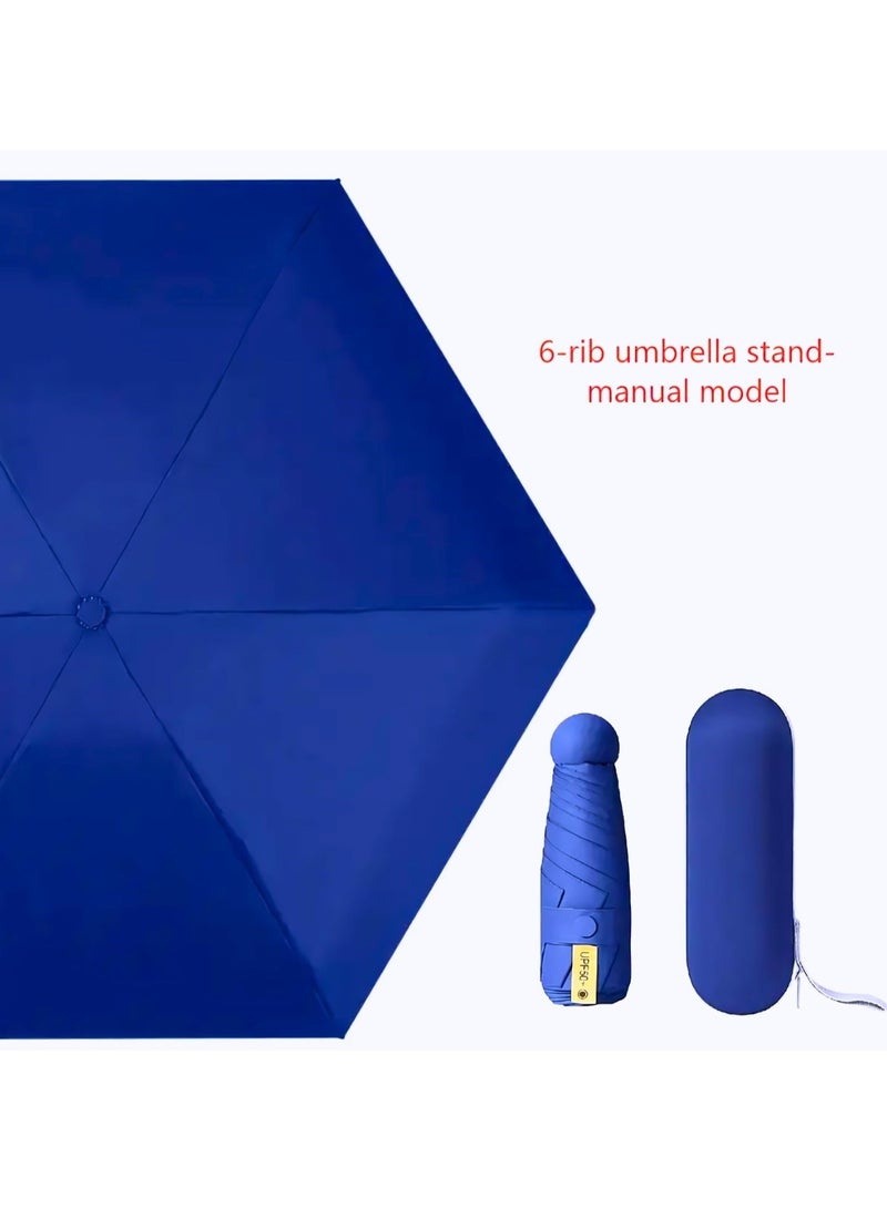 Portable UV Protection Umbrella - windproof, small - compact, lightweight, sturdy, mini, folding and portable for men and women, 5-foldlightweightseries-6bones+capsules (Navy Blue)