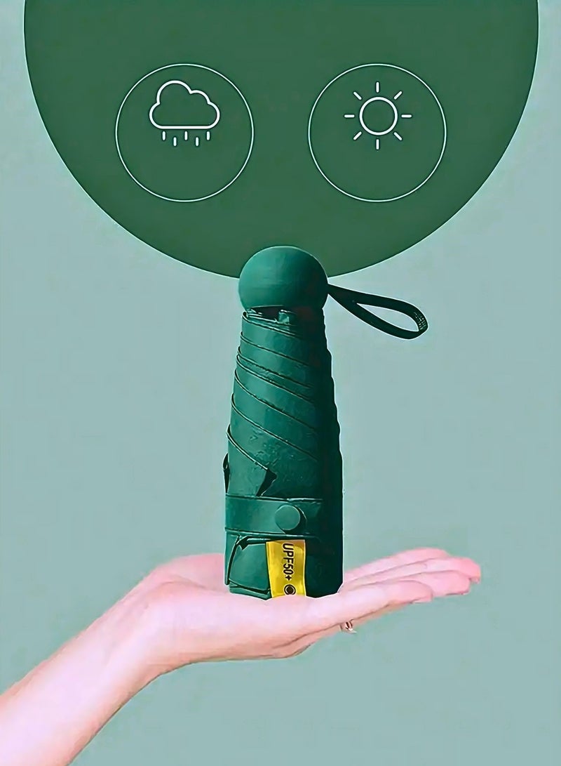 Portable UV Protection Umbrella - windproof, small - compact, lightweight, sturdy, mini, folding and portable for men and women, 5-foldlightweightseries-6bones+capsules (Dark Green)