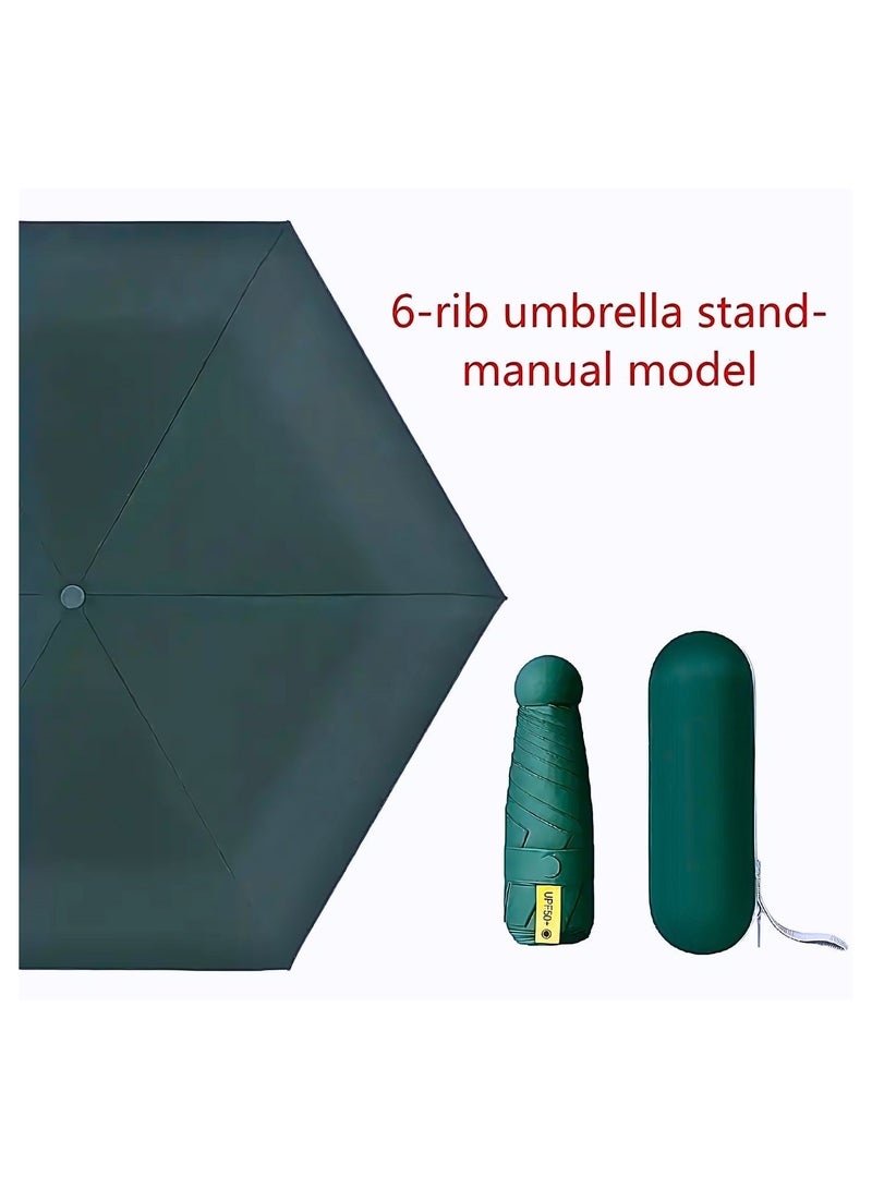 Portable UV Protection Umbrella - windproof, small - compact, lightweight, sturdy, mini, folding and portable for men and women, 5-foldlightweightseries-6bones+capsules (Dark Green)