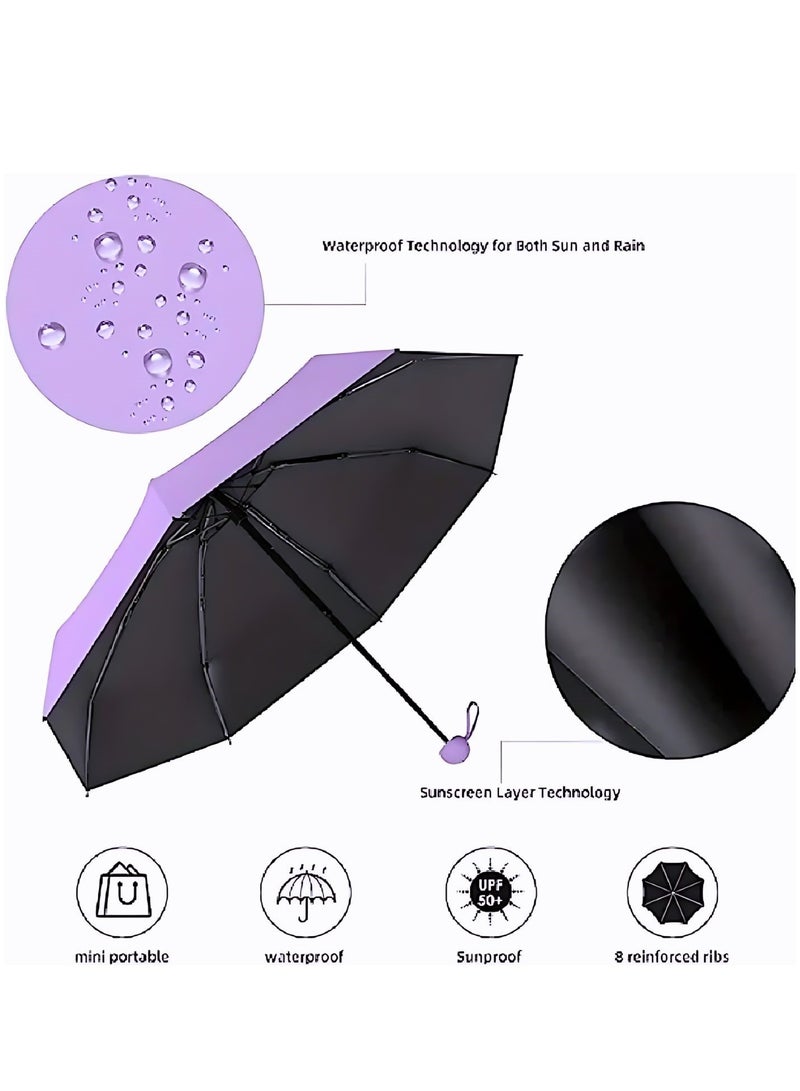 Portable UV Protection Umbrella - windproof, small - compact, lightweight, sturdy, mini, folding and portable for men and women, 5-foldlightweightseries-6bones+capsules (Purple)