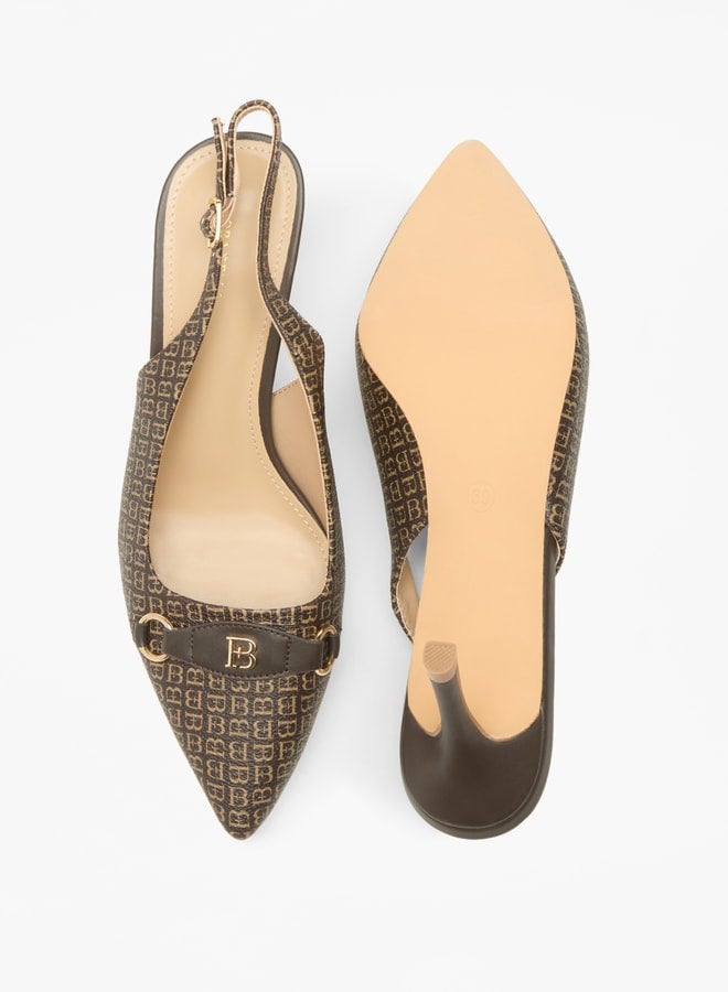 Logo Accent Pointed Toe Slingback Shoes with Stiletto Heel