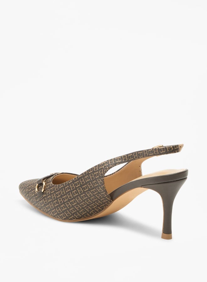 Logo Accent Pointed Toe Slingback Shoes with Stiletto Heel