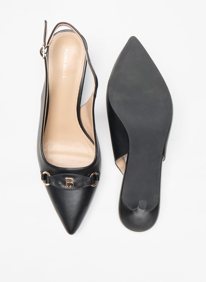 Logo Accent Pointed Toe Slingback Shoes with Stiletto Heel